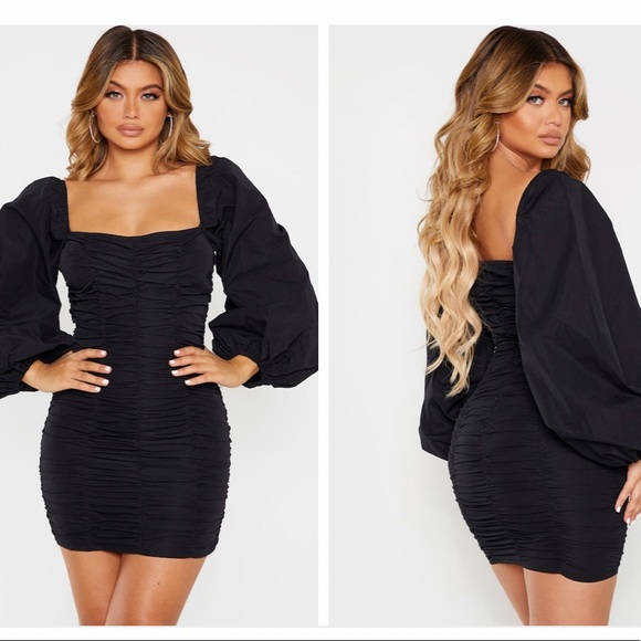 PrettyLittleThing Dresses & Skirts - Pretty Little Thing Black Balloon Sleeve Ruched Bodycon Dress